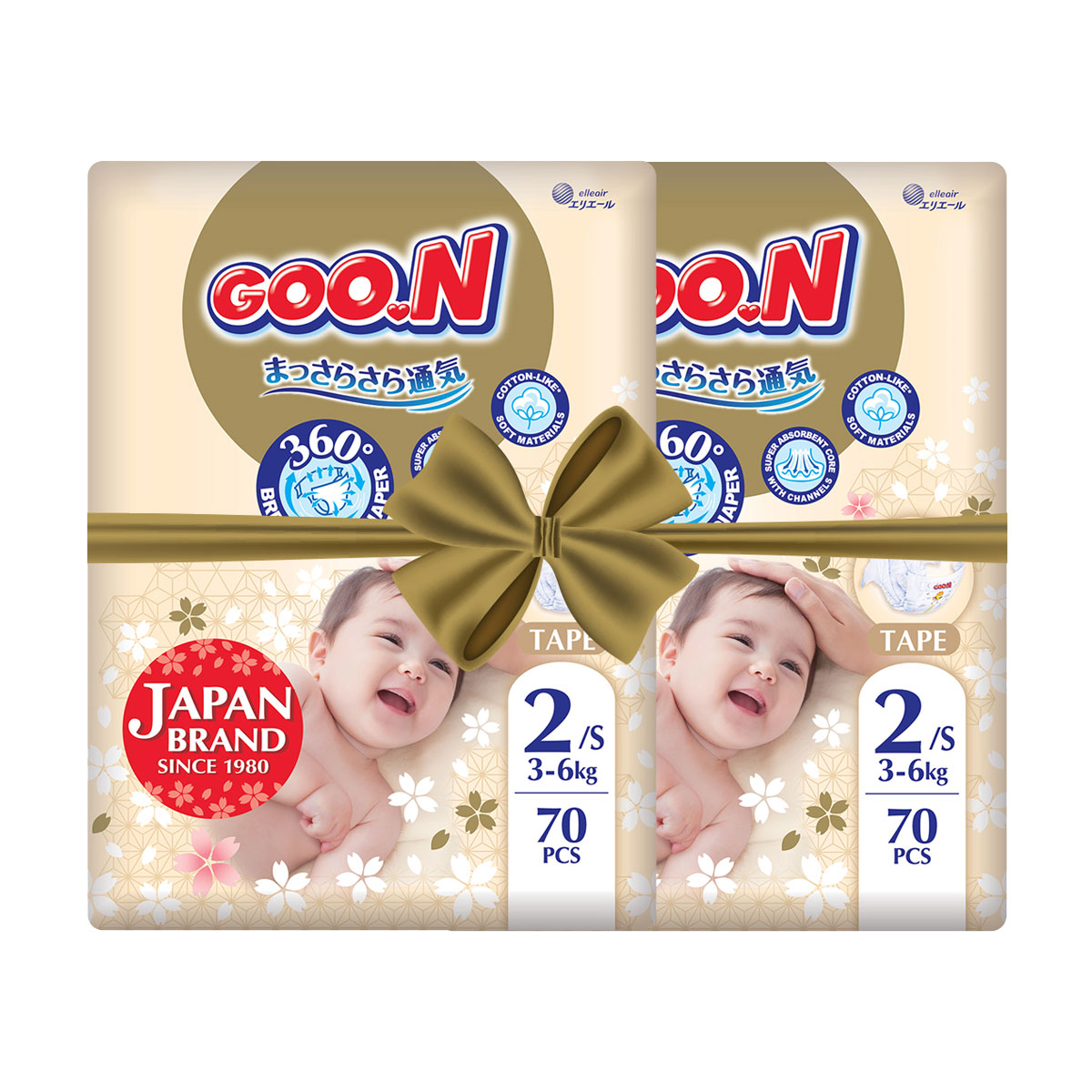 Підгузки Goo.N Premium Soft розмір S (3-6 кг), 2*70 шт